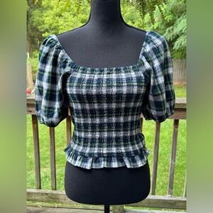 American Eagle Smocked Short Sleeves Plaid Blouse Size Medium